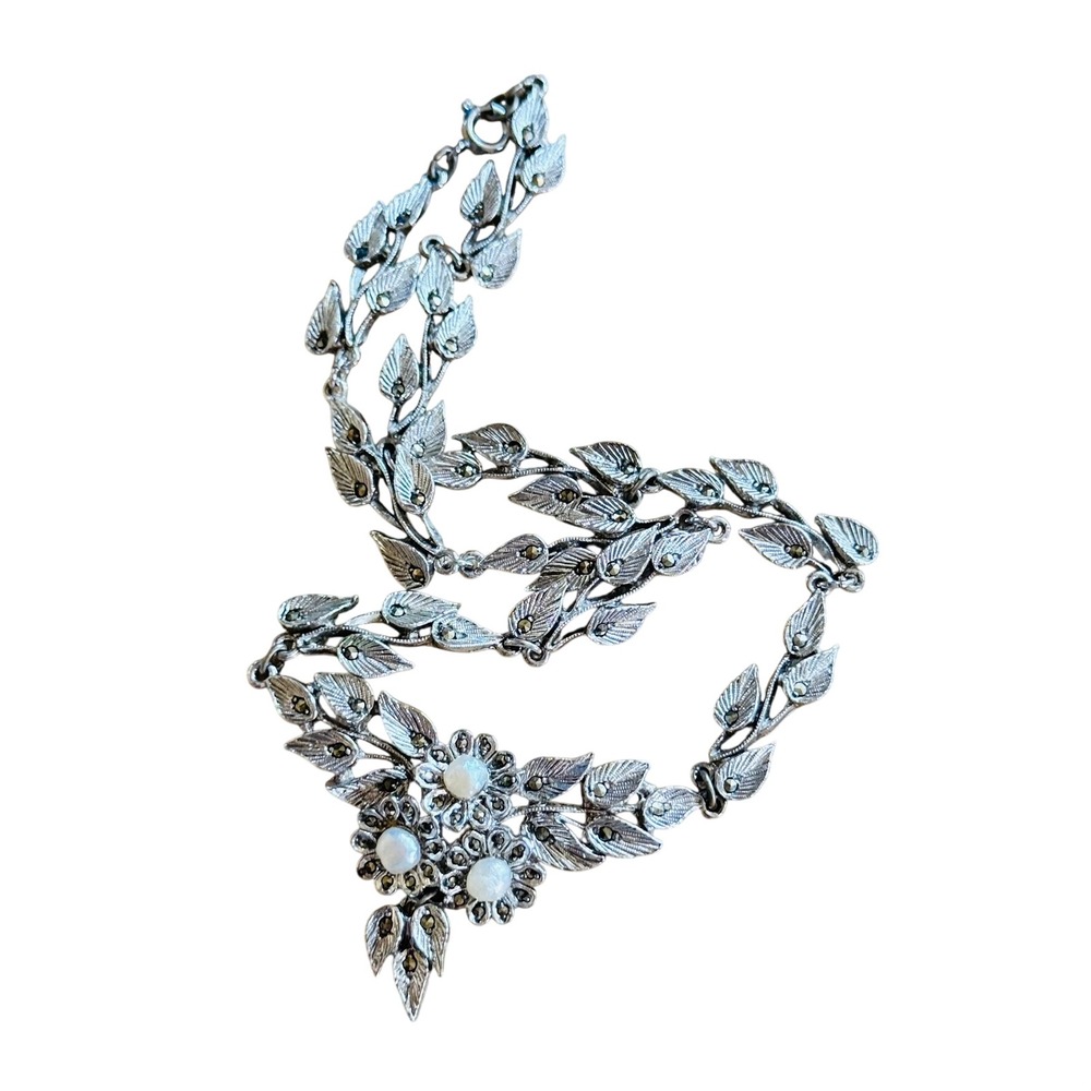 VTG Antique Paste Marcasite Pearl Floral Necklace Choker Art Deco Silver 15"